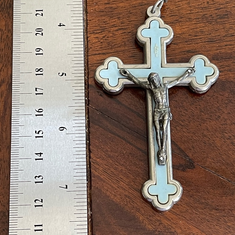 Blue enamel crucifix silver tone marked Italy